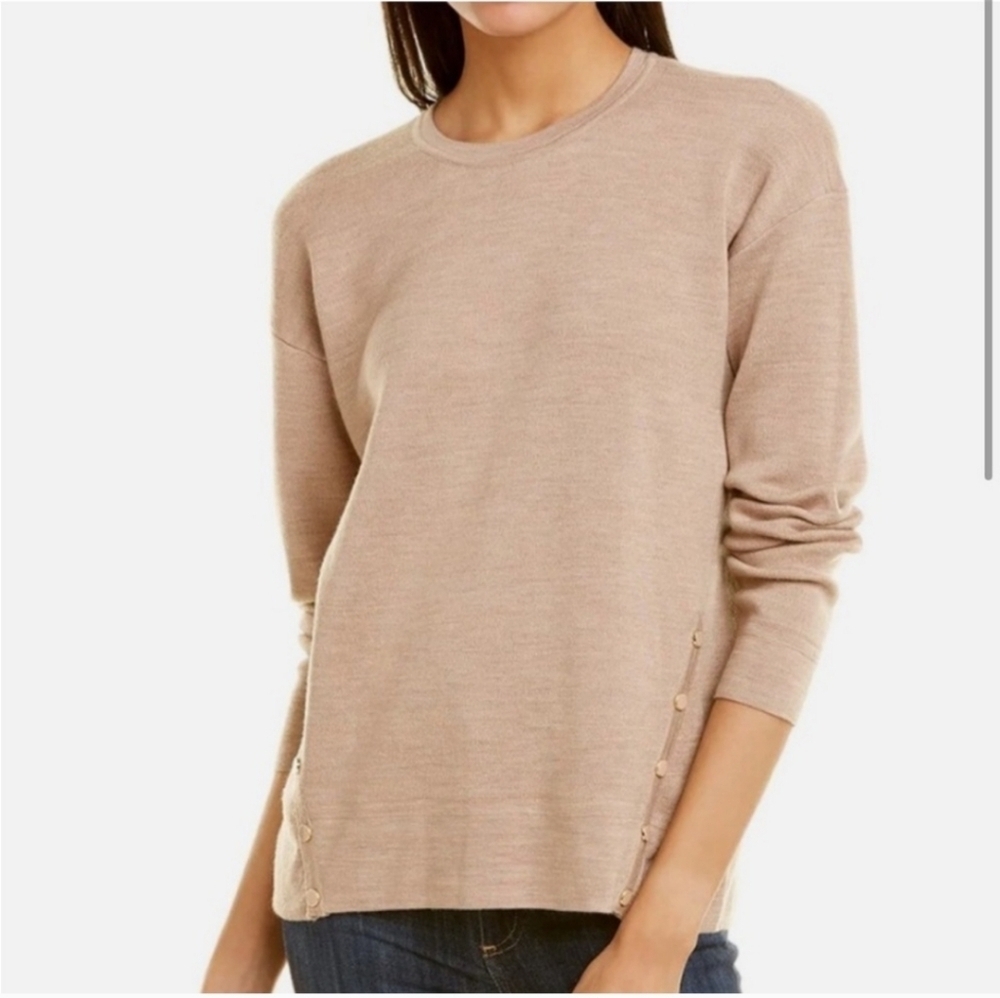 J.McLaughlin Lucie Tan Merino Wool Crewneck Sweater Snap-Button Detail Women's M